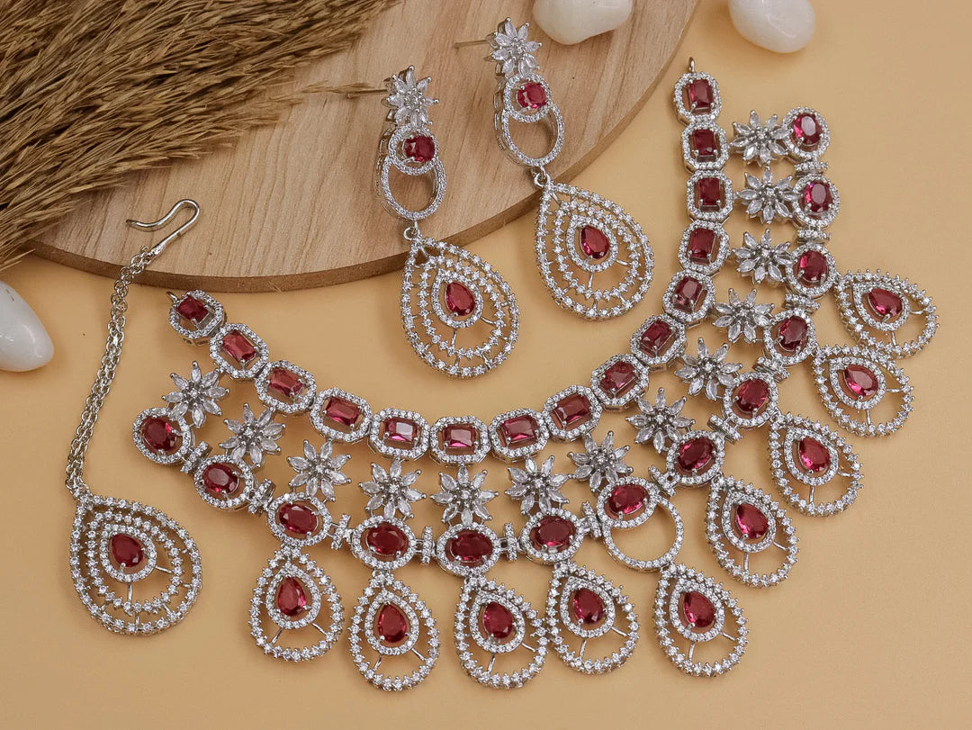 Premium American Diamond Emerald Wedding Necklace Hot Selling Heavy Bridal AD Choker set, Ad bridal choker, heavy ad necklace set - Libasaa.com