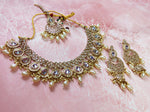 kundan pearl necklace earrings tikka, kundan necklace set, kundan jewelry set, uncut kundan choker, pachi kundan set punjabi jewelry - Libasaa.com