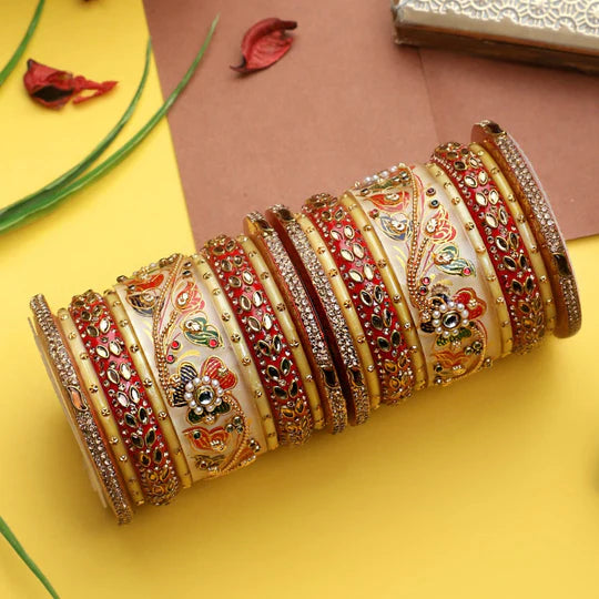 Traditional Rajwadi chuda, Bridal chuda, Dulhan Bridal Gold Beaded Bangles Set For Women and Girls, Jaipur Rajasthani Indian chura Set - Libasaa.com