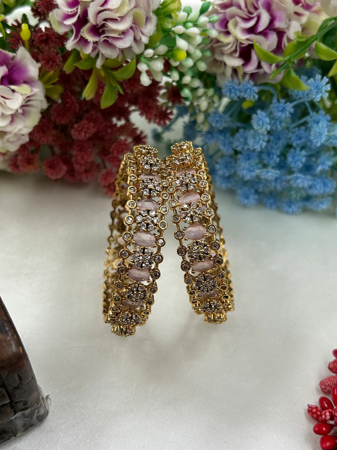 Victorian Pink Stone Bangles for Women | Gold Plated Designer Kada Bangles Set | Bridal Wedding & Party Wear Jewellery