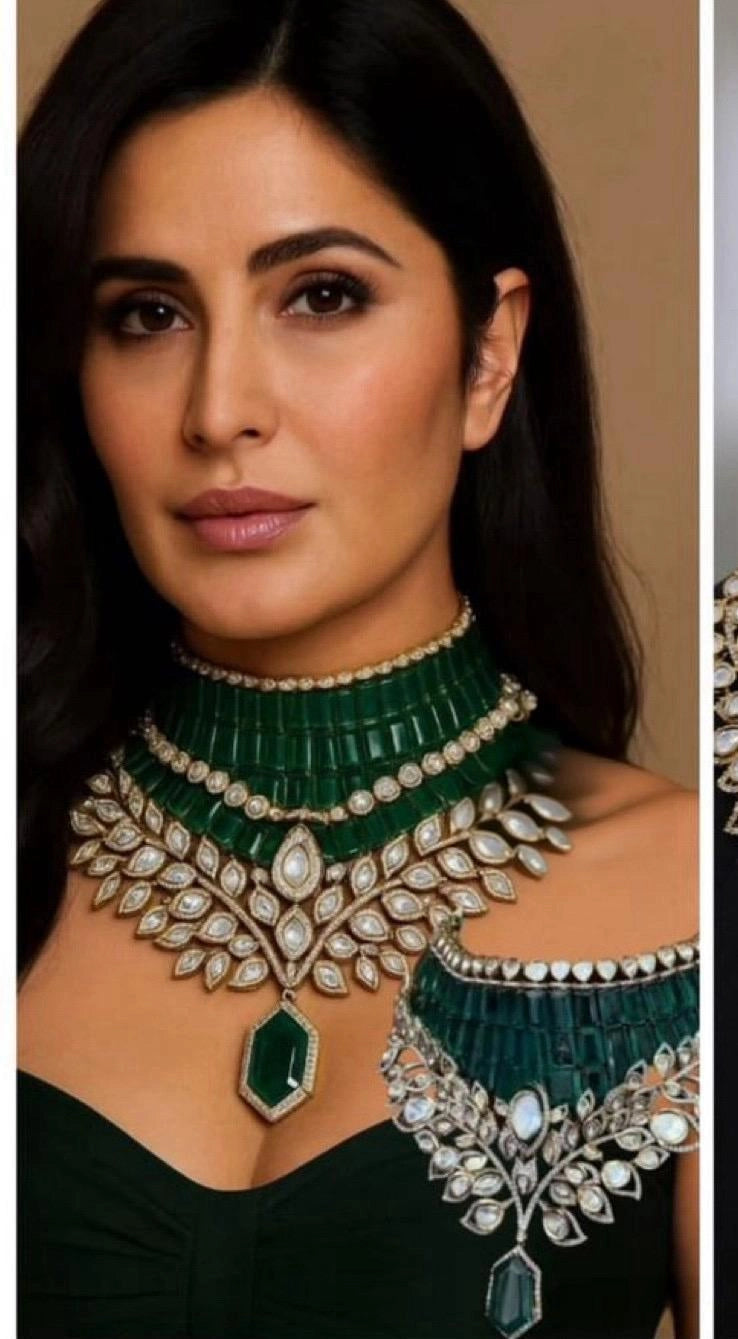 Katrina Kaif Inspired Choker Necklace Set with Kundan Polki & Pear Drop Detailing Bridal Statement Jewelry - Libasaa.com