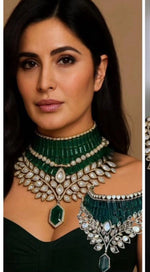 Katrina Kaif Inspired Choker Necklace Set with Kundan Polki & Pear Drop Detailing Bridal Statement Jewelry - Libasaa.com