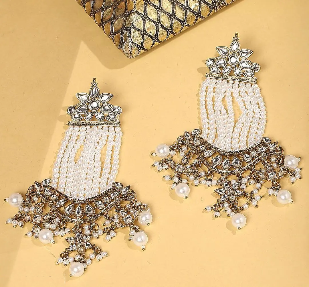 Gold Plated Chandbali, pearl earrings, Trendy Chandbali, Pearl drop earrings, Designer Jewelry - Libasaa.com