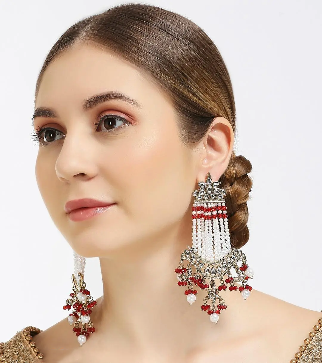 Gold Plated Chandbali, pearl earrings, Trendy Chandbali, Pearl drop earrings, Designer Jewelry - Libasaa.com