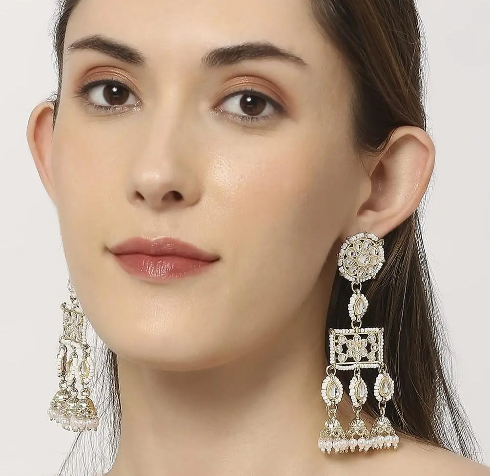 Traditional Jadau Kundan Jhumka Earrings, Kundan Jhumka earrings, Indian Ethnic Earrings, Bridal Jewelry, Jadau Kundan Chandelier Earrings - Libasaa.com