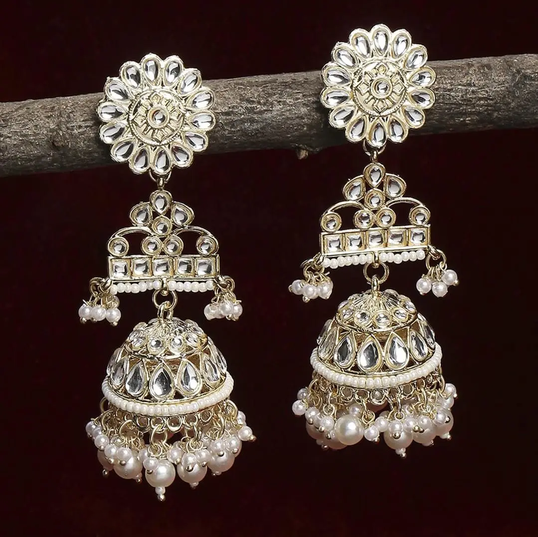 Traditional Jadau Kundan Jhumka Earrings, Kundan Jhumka earrings, Indian Ethnic Earrings, Bridal Jewelry, Jadau Kundan Chandelier Earrings - Libasaa.com