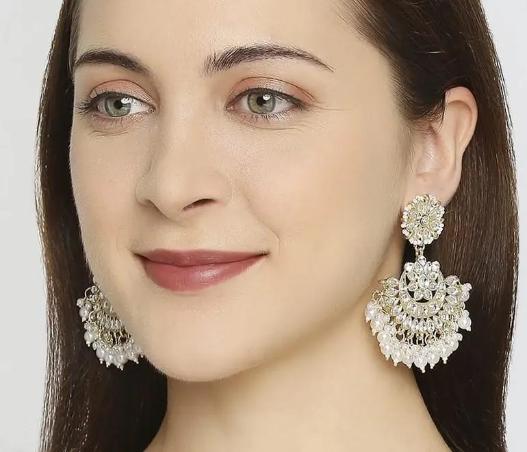 Kundan earrings, Polki Kundan Chandbali, Indian Earrings, pearl earrings, Pakistani Earrings, bollywood Earrings, Kundan Jewelry - Libasaa.com