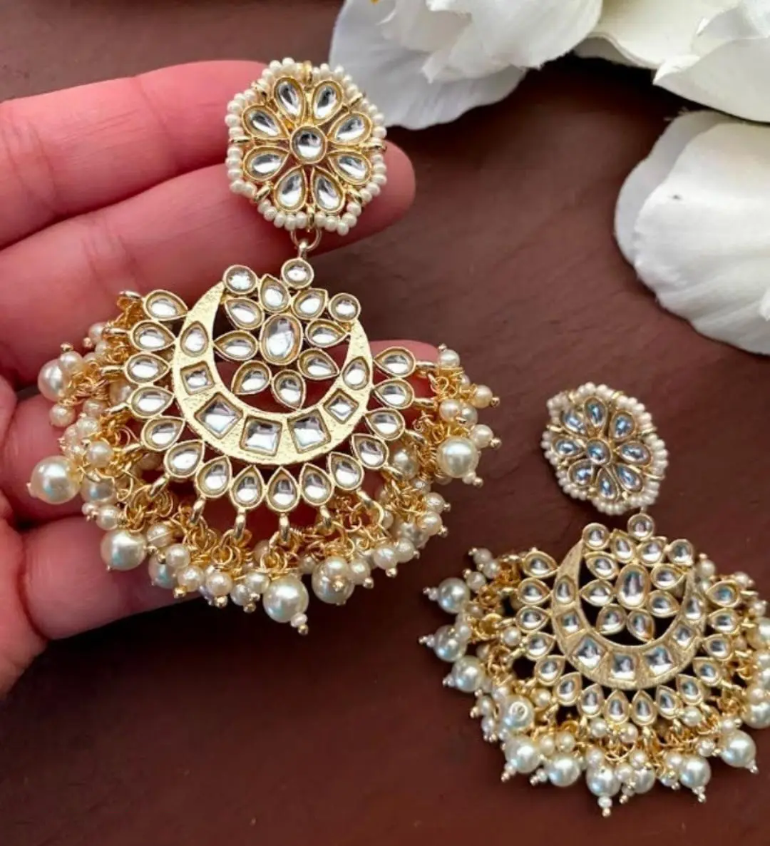 Kundan earrings, Polki Kundan Chandbali, Indian Earrings, pearl earrings, Pakistani Earrings, bollywood Earrings, Kundan Jewelry - Libasaa.com
