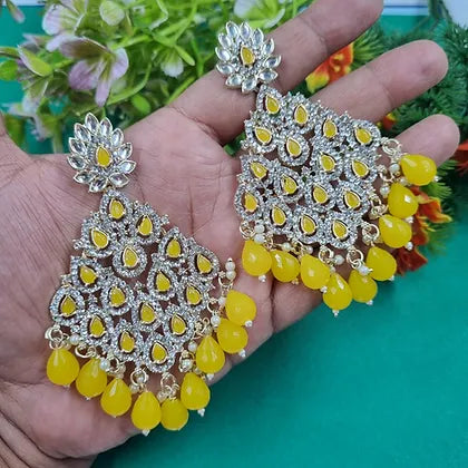 Yellow Austrian Stone And Beads Earrings, Indian Wedding jewellery, bridal,bollywood jewelry, prom, zirconia danglers - Libasaa.com