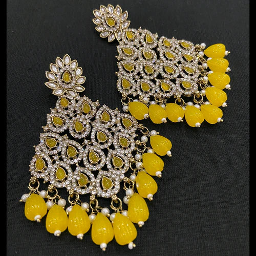Yellow Austrian Stone And Beads Earrings, Indian Wedding jewellery, bridal,bollywood jewelry, prom, zirconia danglers - Libasaa.com
