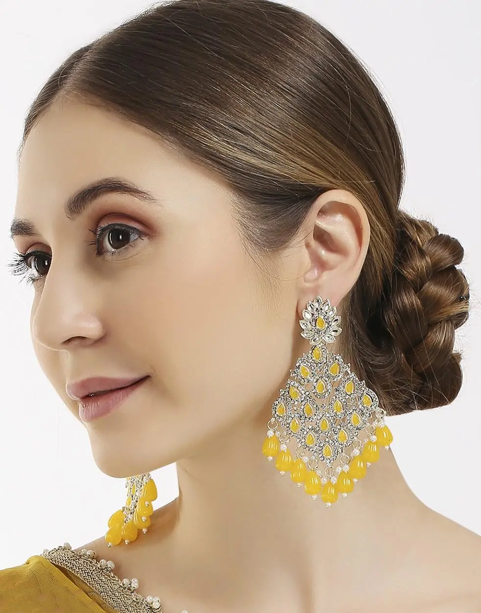 Yellow Austrian Stone And Beads Earrings, Indian Wedding jewellery, bridal,bollywood jewelry, prom, zirconia danglers - Libasaa.com