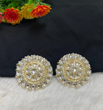 Kundan Studs, Golden Kundan Pearl Earrings, Jadau Rajwadi Pacchi Kundan Studs, Bollywood fashion - Libasaa.com