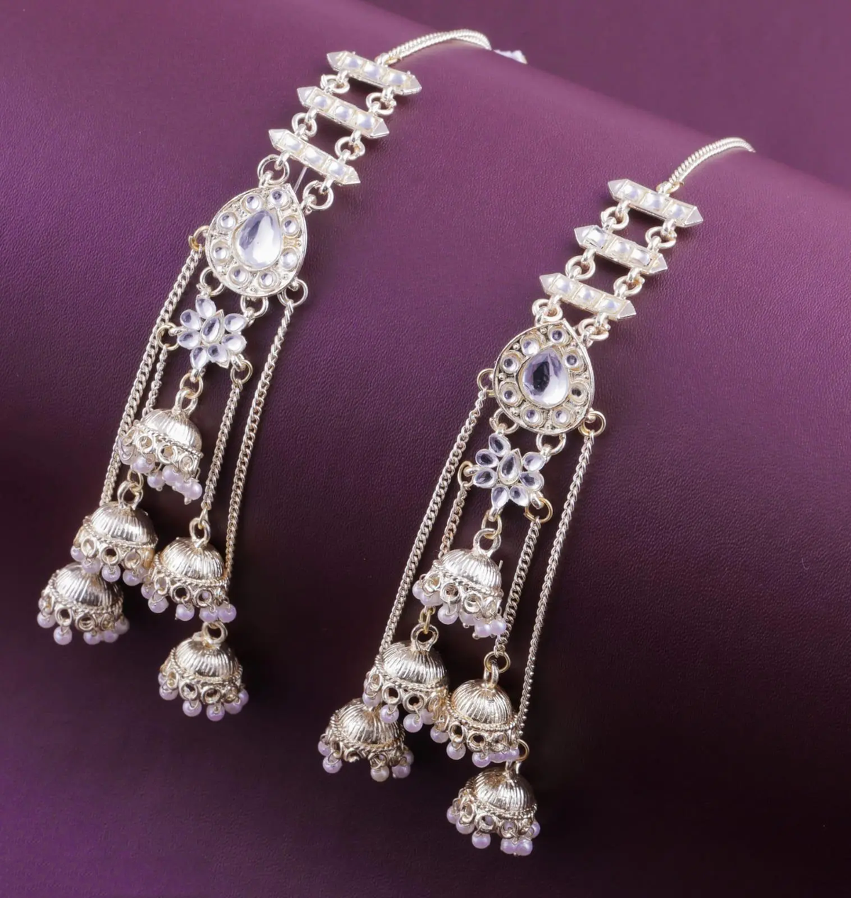 Tulsi Kundan and Moti Long Earrings with kaan chain - Libasaa.com