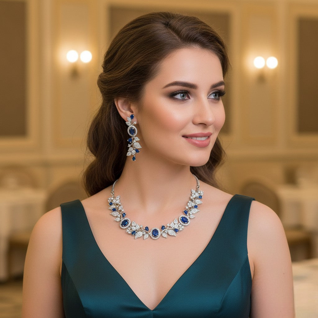 Sapphire Blue Stone Necklace Set with Earrings | Indian Jewellery | Premium Stone Jewellery Indian Neckles Set