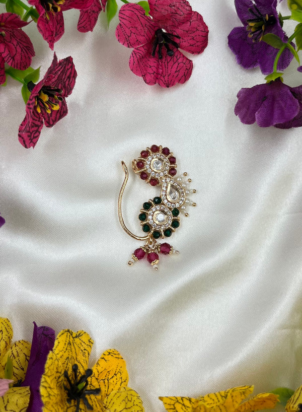 Moissanite Floral Nose Ring (Nath) with Red & Green Stones | Traditional Indian Bridal Nose Pin | Elegant Ethnic Jewelry