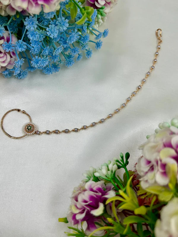 Moissanite Bridal Nose Ring with Chain (Nath) | Floral Polki Style Nose Pin with Pearl Chain | Traditional Indian Wedding & Festive Jewelry for Women