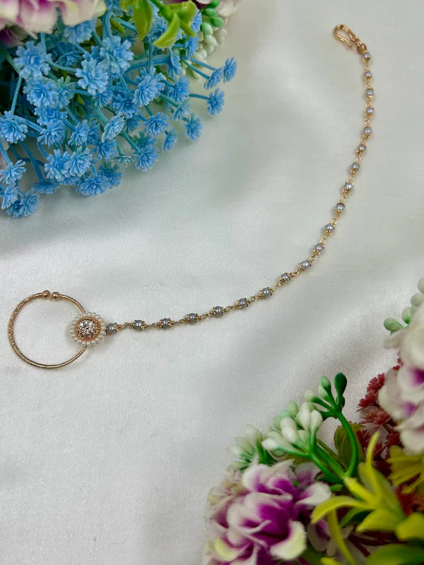 Moissanite Bridal Nose Ring with Chain (Nath) | Floral Polki Style Nose Pin with Pearl Chain | Traditional Indian Wedding & Festive Jewelry for Women