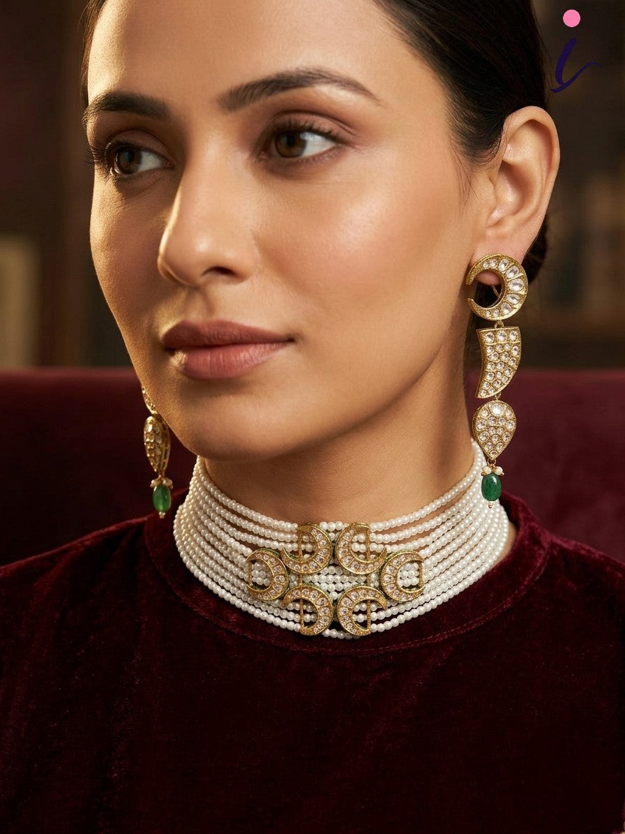 Premium Pearl Jadau Choker Necklace Set with Crescent Moon Design & Earrings | Bridal Kundan Style Indian Wedding Jewellery