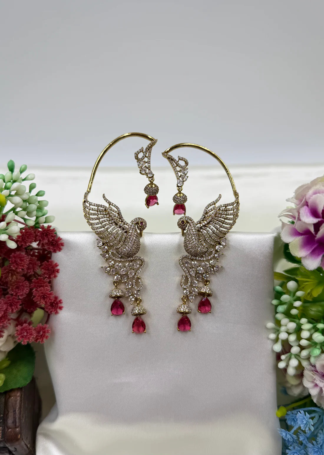 Traditional Victorian Peacock Earcuff Earrings with Pink Teardrop Stones | American Diamond Bridal Statement Jewelry