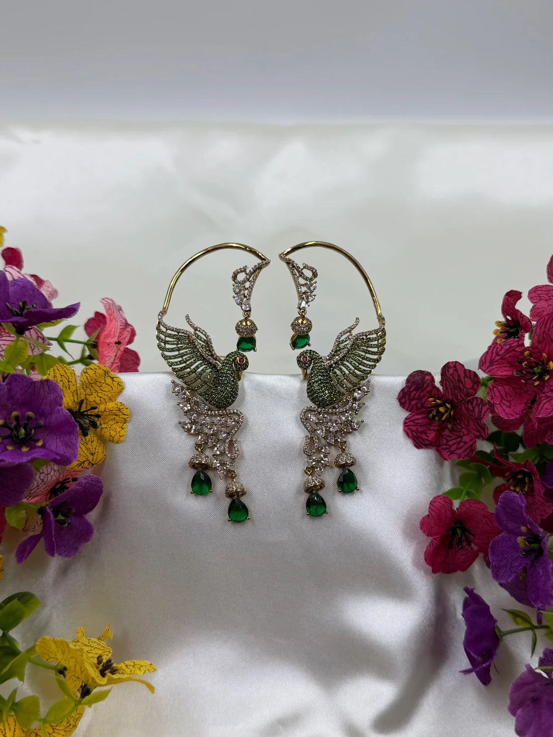 Traditional Victorian Peacock Earcuff Earrings with Pink Teardrop Stones | American Diamond Bridal Statement Jewelry