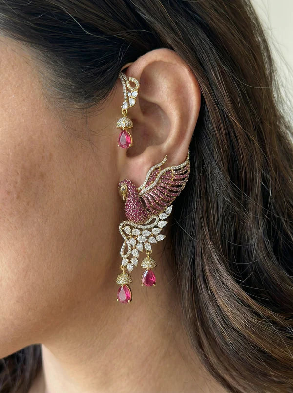 Traditional Victorian Peacock Earcuff Earrings with Pink Teardrop Stones | American Diamond Bridal Statement Jewelry