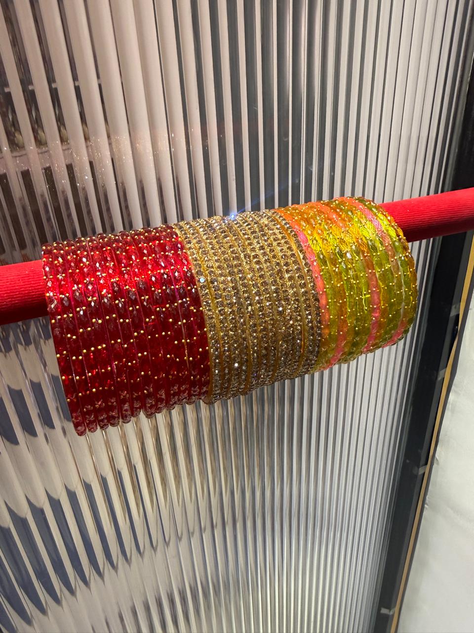 Indian Gold Drop Glass Bangles with Moti Design | Bridal Bangle Set | 3 Colour Combo Glass Bangles | Traditional Wedding Jewellery for Women