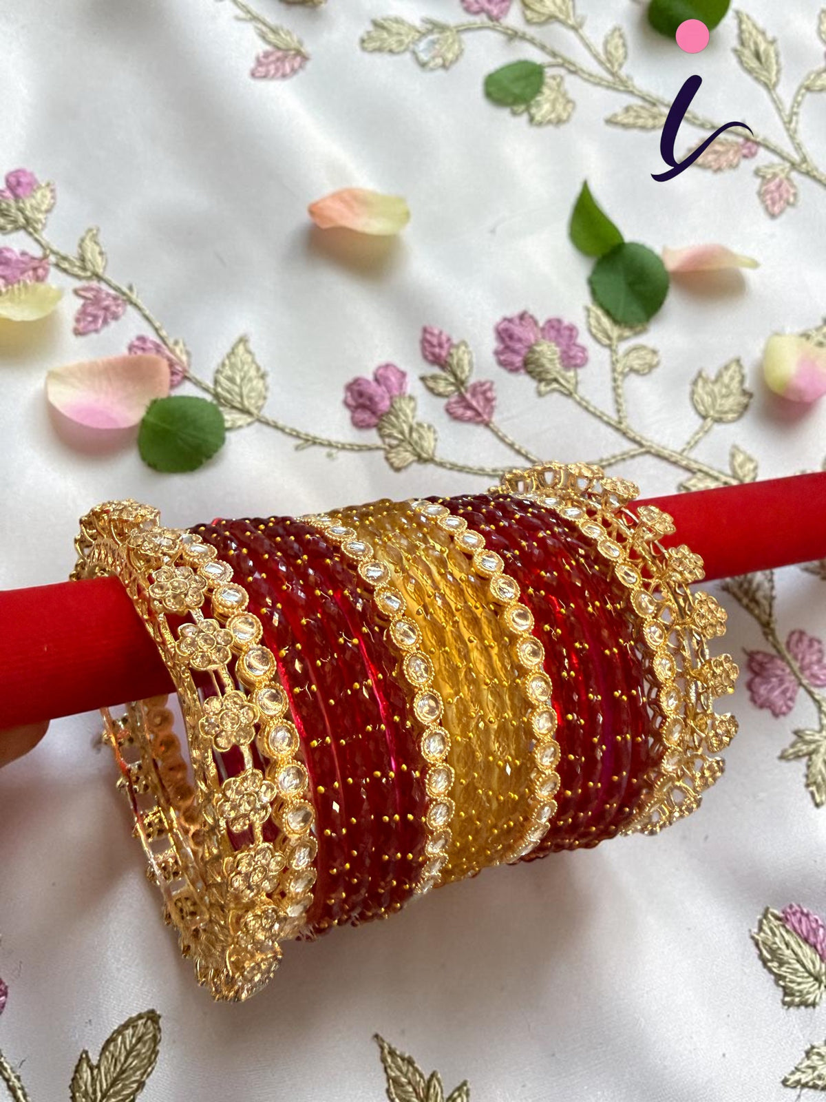 Luxury Raindrop Bridal Bangle Set | Red & Gold Glass Bangles Combo for Women | Kashmiri Wedding Chura Jewelry Set
