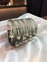 Raindrop Glass Bangles with Silver Kashmiri Ghunghroo | Bridal Traditional Indian Bangle Set for Women, Festive & Wedding Wear Jewelry
