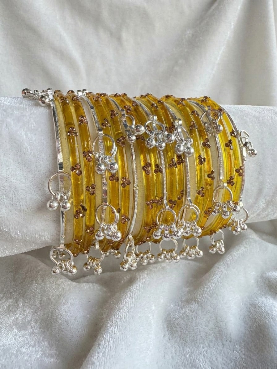 Glass Stone Bangles with Silver Kashmiri Ghunghroo | Bridal Traditional Indian Bangle Set for Women, Festive & Wedding Wear Jewelry
