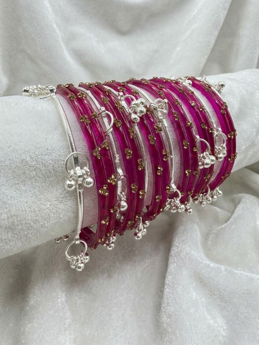 Glass Stone Bangles with Silver Kashmiri Ghunghroo | Bridal Traditional Indian Bangle Set for Women, Festive & Wedding Wear Jewelry