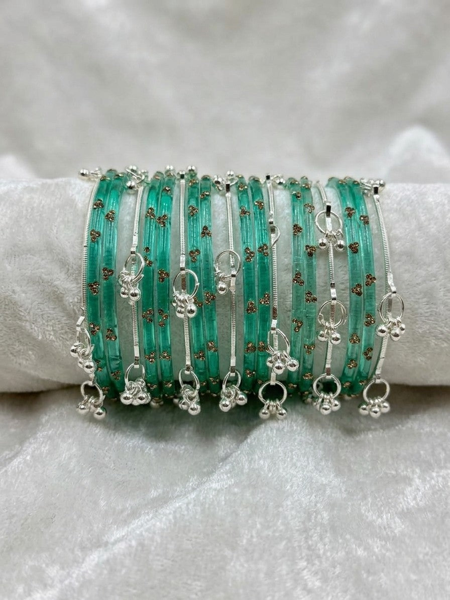 Glass Stone Bangles with Silver Kashmiri Ghunghroo | Bridal Traditional Indian Bangle Set for Women, Festive & Wedding Wear Jewelry
