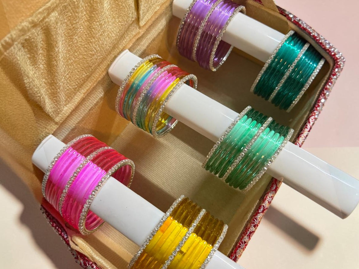Silver Stone Jelly Glass Bangles Set – 6 Vibrant Colours | 8 Bangles Per Packet | Trendy Fashion Chudi Set for Women & Girls