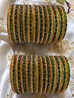 Plus Size Indian Glass Gold Stone Bridal Bangles Set | Green Raindrop Design Gold Bangles for Women | Traditional Wedding, Festive & Party Wear Jewellery