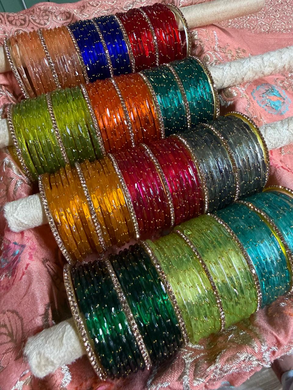 New Rain drop Glass Bangles 12 Colors with 28 Golden BanglesTraditional Indian Bangles Set, Bridal Bangle Elegant Indian Traditional Chudi Set for Bridal & Festive Wear