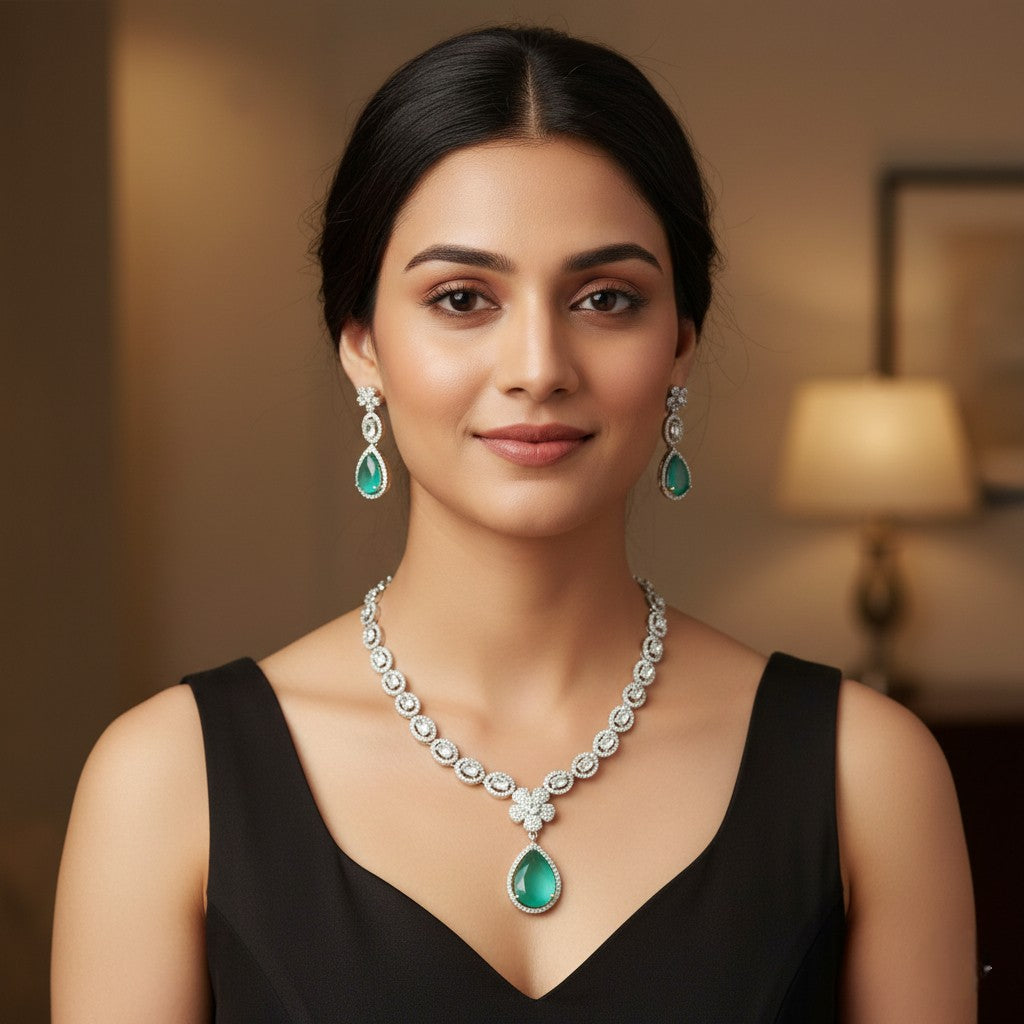 Emerald-Cut Stone Necklace Set with Earrings | Indian Jewellery | Premium CZ Diamond Jewellery Indian Neckles Set