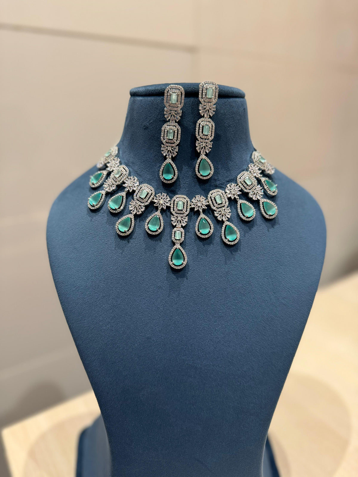Riya American Diamond Emerald Wedding Necklace CZ Bridal Choker Elegant AD Necklace - Libasaa.com