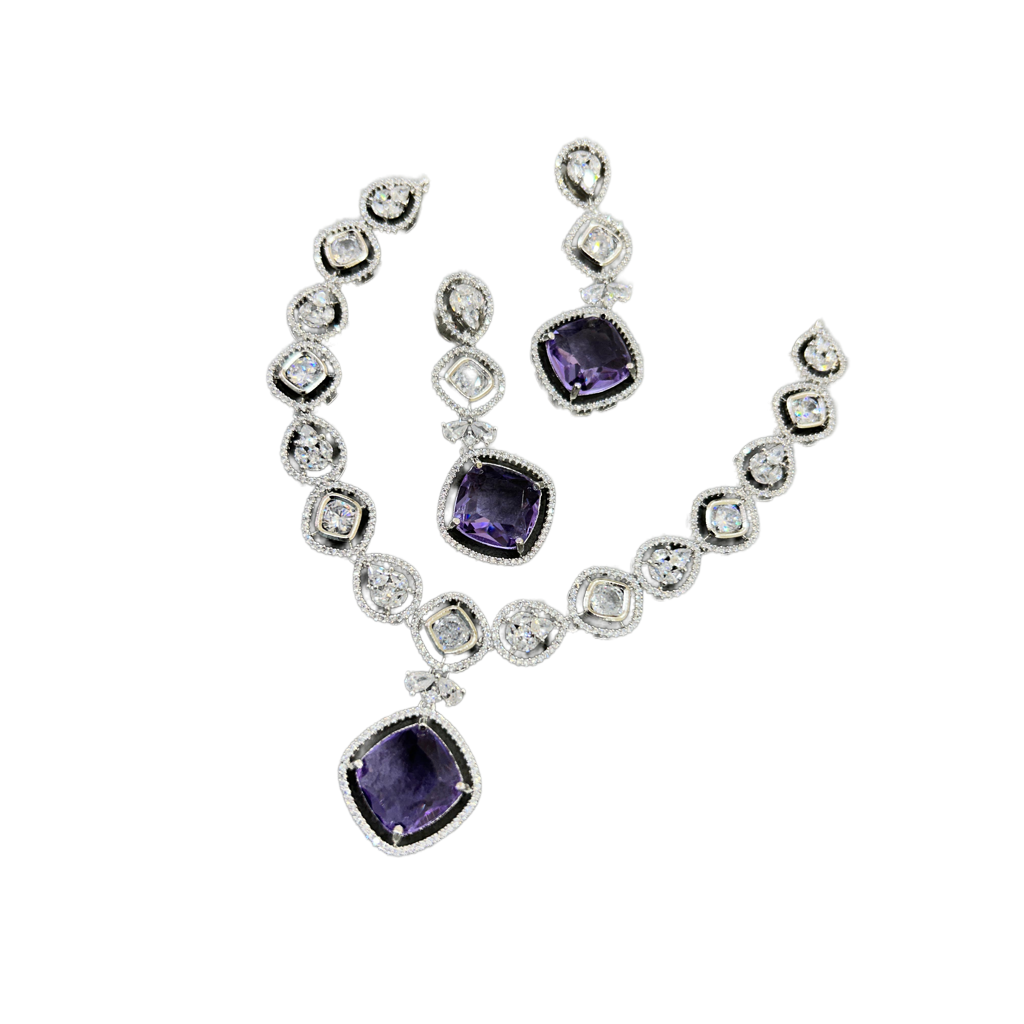 Bollywood Wedding American Diamond Silver Plated Necklace Earring Set - Libasaa.com