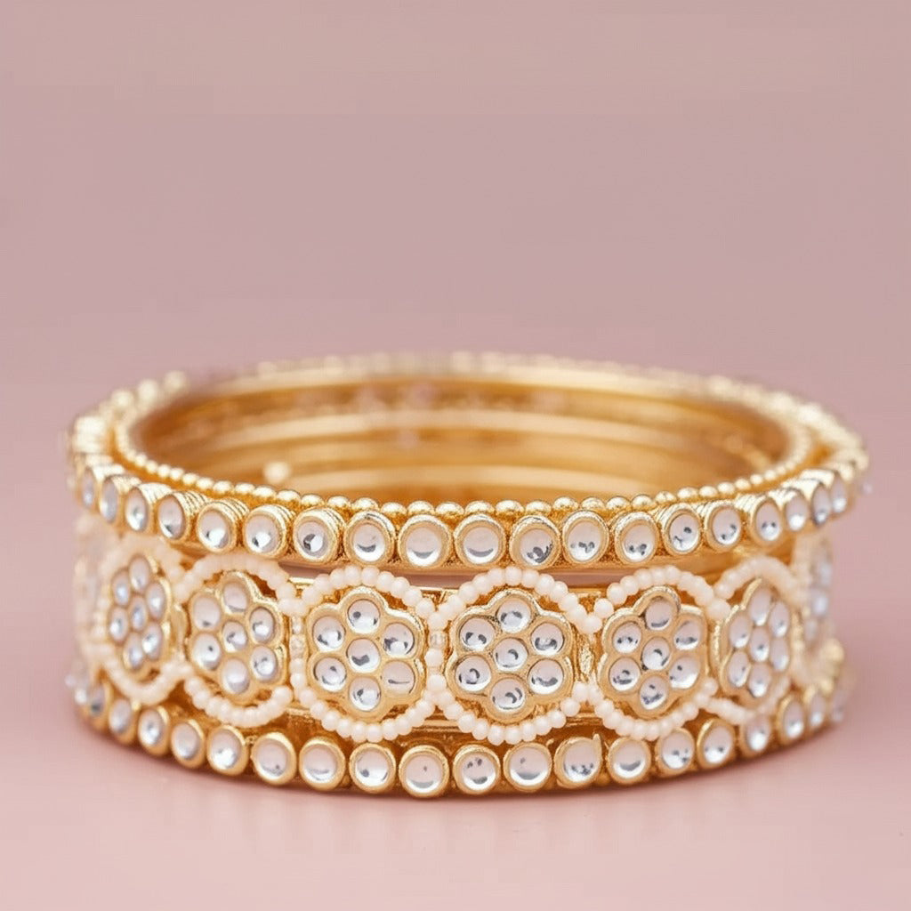 Bridal Gold Plated Floral Design Bangle Kada Set For Wedding - Libasaa.com