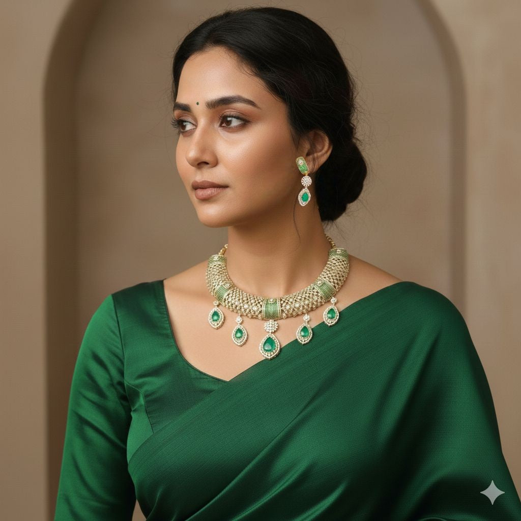 Emerald Green & Cubic Zirconia Choker Necklace Set | Gold Plated Bridal Jewelry for Weddings | Indian Ethnic Statement Necklace with Matching Earrings