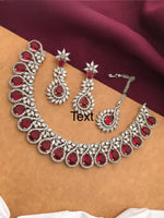Silver-Plated Ruby Stone Necklace Set with Earrings & Maang Tikka | Bridal Wedding Jewelry - Libasaa.com
