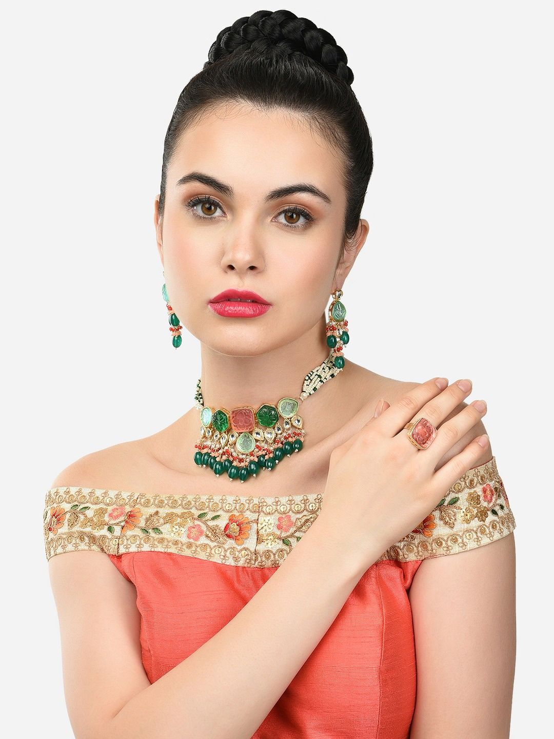 Gold-Plated Stone Studded Jewellery Set - Libasaa.com
