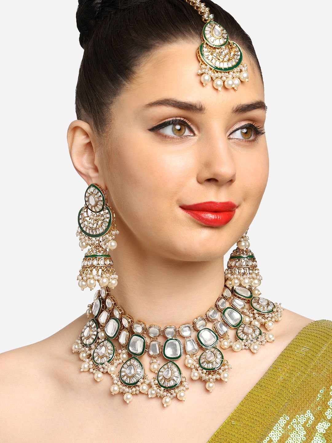 Gold-Plated Kundan Studded Jewellery Set - Libasaa.com