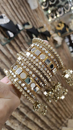 Bollywood Mirror Work Kundan Bridal Bangle Silver Beaded Design Jhumka - Libasaa.com