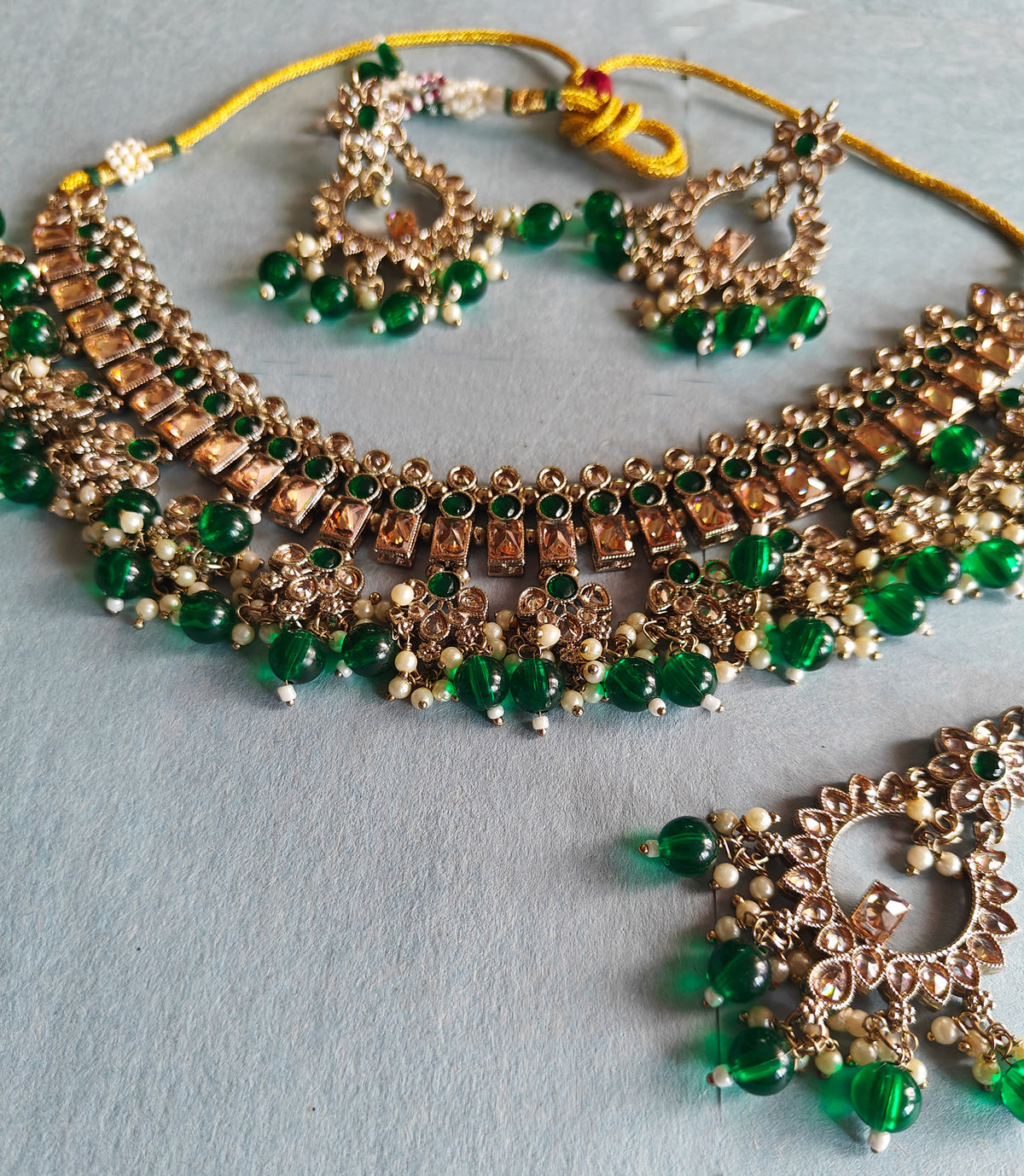 Green Golden tone Kundan Pearl Choker Necklace Earring Set with Maangtikka - Libasaa.com