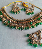 Green Golden tone Kundan Pearl Choker Necklace Earring Set with Maangtikka - Libasaa.com
