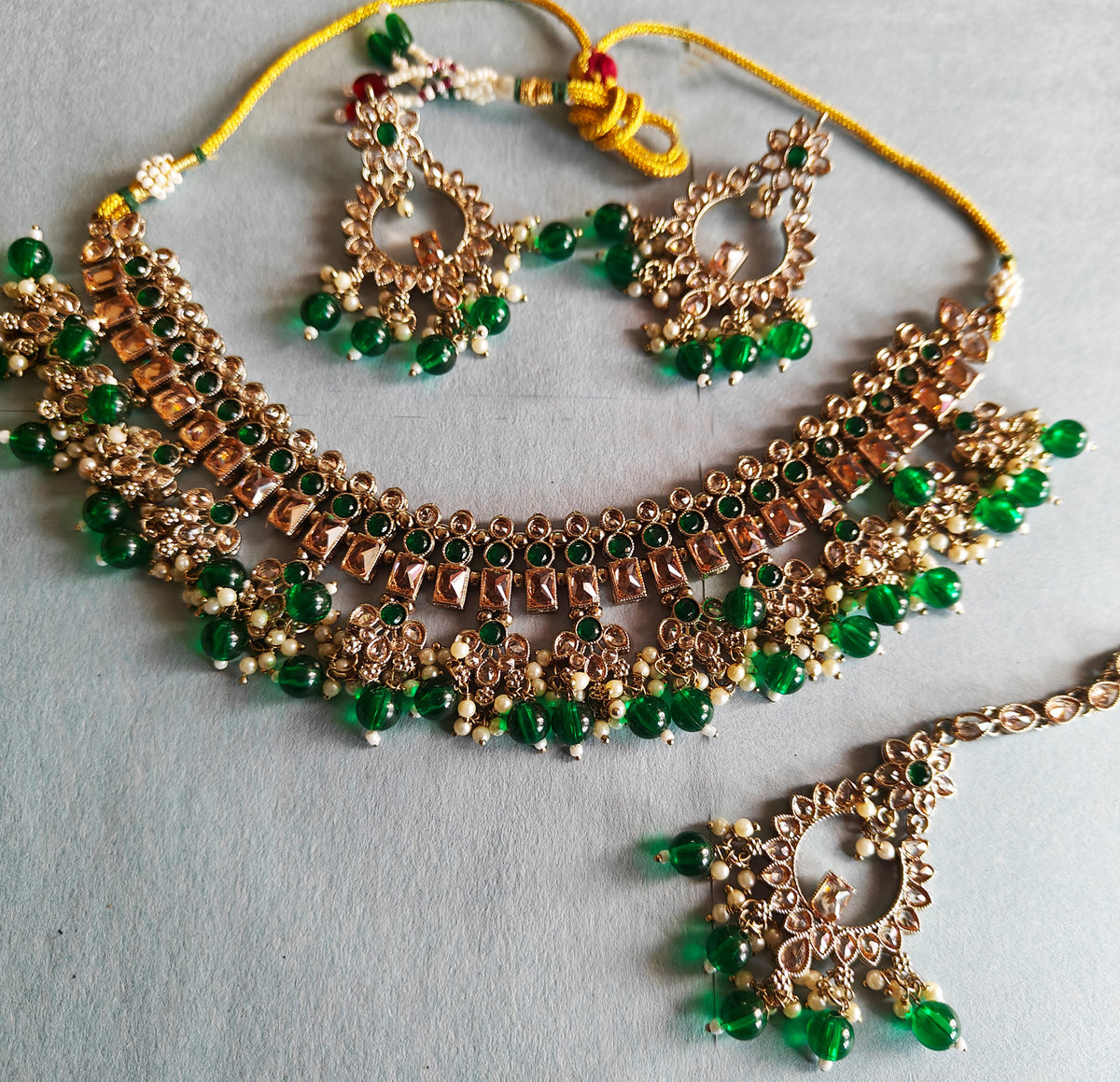 Green Golden tone Kundan Pearl Choker Necklace Earring Set with Maangtikka - Libasaa.com