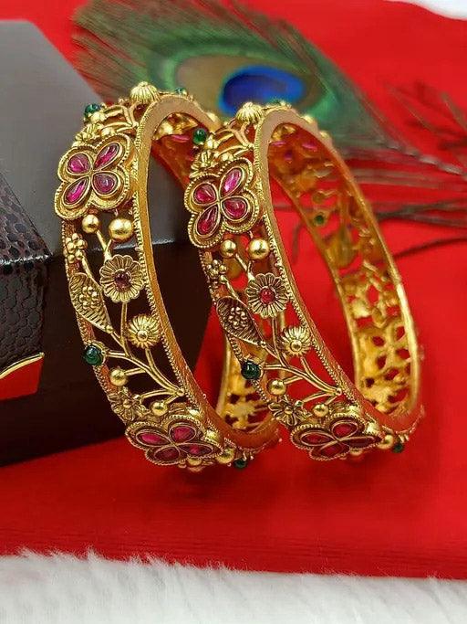 Golden Matte finish Kada Bangles Set, 22k Gold Plated, Traditional Indian, Gift for Her, Wedding Jewelry, Bridesmaid Gift, Set of 2 Psc - Libasaa