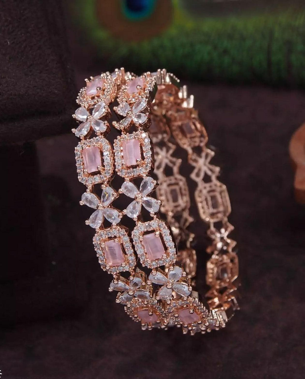 Indian Rose Gold Finish American Diamond CZ Bangles, CZ stone bangles, Indian wedding {Set Of 2} Emerald Octagon White Pear & CZ Round Stone - Libasaa