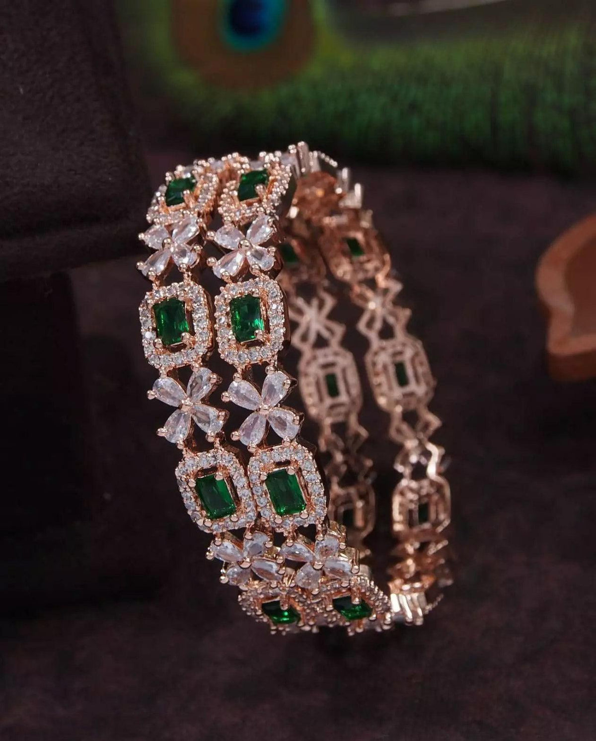 Indian Rose Gold Finish American Diamond CZ Bangles, CZ stone bangles, Indian wedding {Set Of 2} Emerald Octagon White Pear & CZ Round Stone - Libasaa