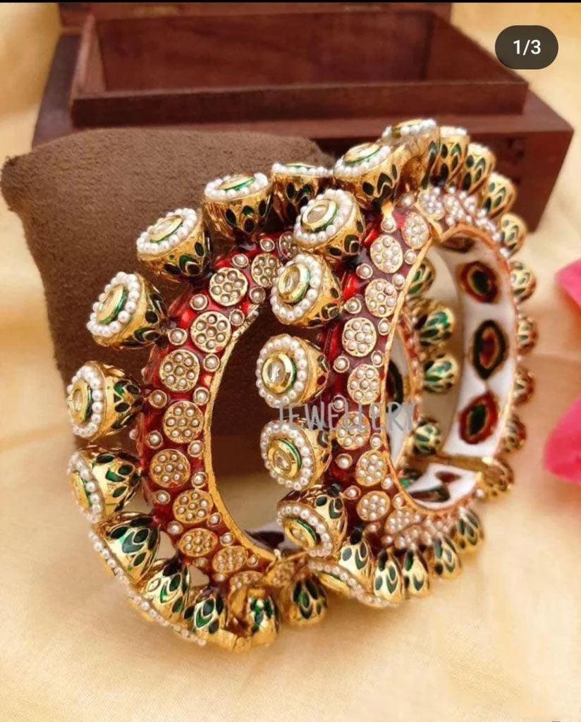 Rajwadi Judau Kundan Kada Set, Rajwadi kada, Pachali bangles , Meenakari Kada, Indian Wedding jewelry, Kundan bridal bangles Set, Set of 2 - Libasaa